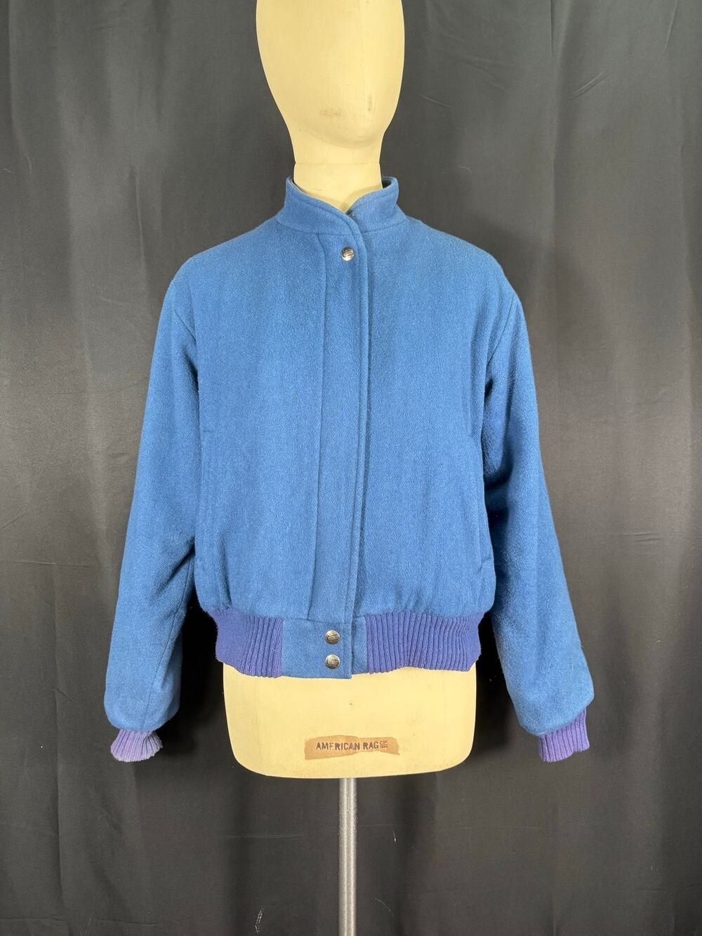Vintage Woolrich Women's Periwinkle Blue Virgin Wool Bomber Jacket Zip & Button